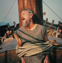 The image shows a bearded man with his head tilted back and mouth open, bound in thick ropes against what appears to be a wooden ship's mast, evoking the famous "I'm the captain now" scene from Captain Phillips. The caption humorously suggests he feels tortured by the overwhelming cryptocurrency trading updates from Layah Heilpern dominating his social media feed.