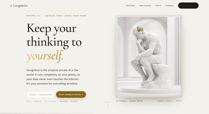 A clean website homepage for 'Incognitive' with the heading 'Keep your thinking to yourself,' describing it as the simplest private AI in the world, alongside a black and white image of a classical statue wearing a luchador mask.