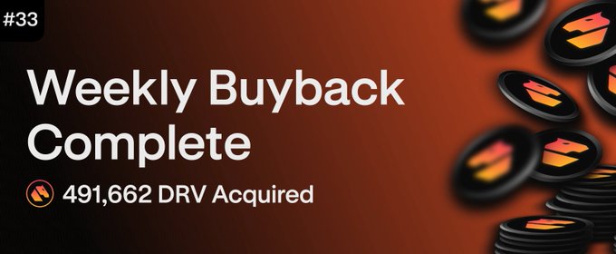 The image announces "#33 Weekly Buyback Complete" with "491,662 DRV Acquired," showing stacked 3D tokens with red and yellow logos on a dark red background. This visually reinforces the post's bullish case for $DRV by highlighting the project's active token buyback program, suggesting strong fundamentals and accumulation—a key sign of a potential turnaround the author is pointing to.