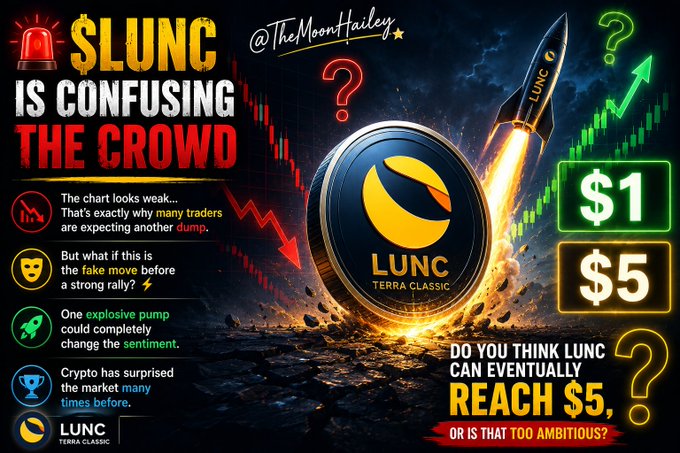 A dramatic crypto promotional graphic for $LUNC (Terra Classic) by @TheMoonHailey features a rocket launching beside a golden LUNC coin, with red bearish candlestick charts in the background and price targets of "$1" and "$5" highlighted. The bold headline "$LUNC IS CONFUSING THE CROWD" directly mirrors the post's message questioning whether the weak-looking chart is a fake move before an explosive rally to $5.