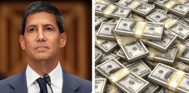 A split image showing a man in a suit at a microphone on the left, and a large pile of bundled US dollar bills on the right.