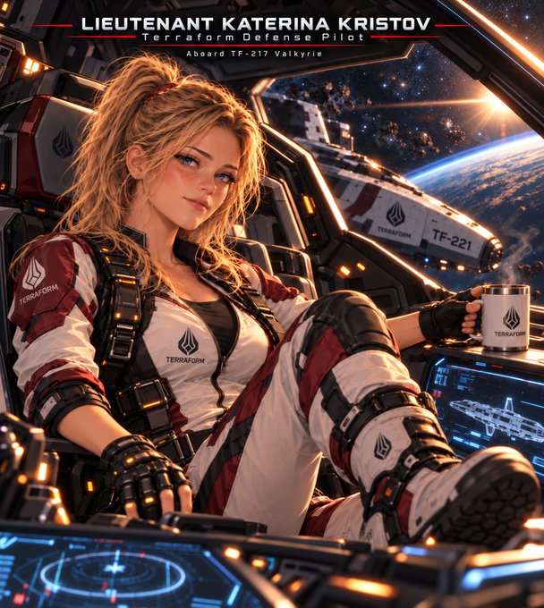 A digital artwork labeled 'LIEUTENANT KATERINA KRISTOV - Terraform Defense Pilot - Aboard TF-217 Valkyrie' depicts a blonde woman in a white and red 'TERRAFORM' uniform sitting in a spaceship cockpit with a view of Earth and stars in the background.