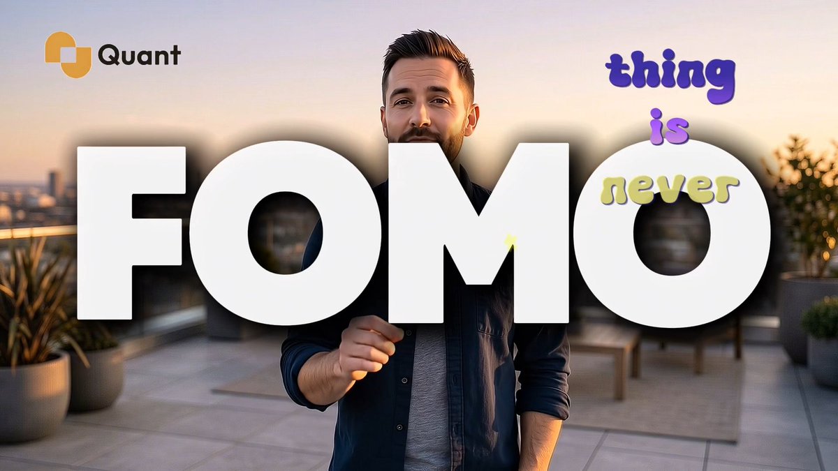 A man stands on a rooftop holding large white letters spelling 'FOMO' in front of his face, with the Quant logo and 'thing is never' text.