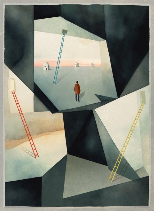 A surrealist watercolor-style illustration shows a small figure in a red coat standing in a geometric space with three colored ladders (blue, red, and yellow) leaning in different directions, looking toward small white houses on a horizon.