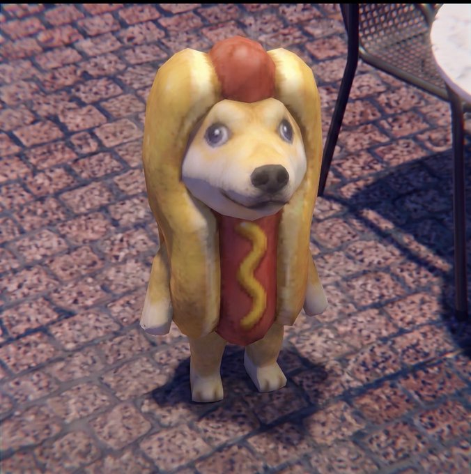 A Shiba Inu dog dressed in a hot dog costume stands on a brick-paved surface, humorously embodying the "Steady lads deploying more capitals" post with its adorable, expectant gaze and tasty appearance symbolizing an appetizing investment opportunity.