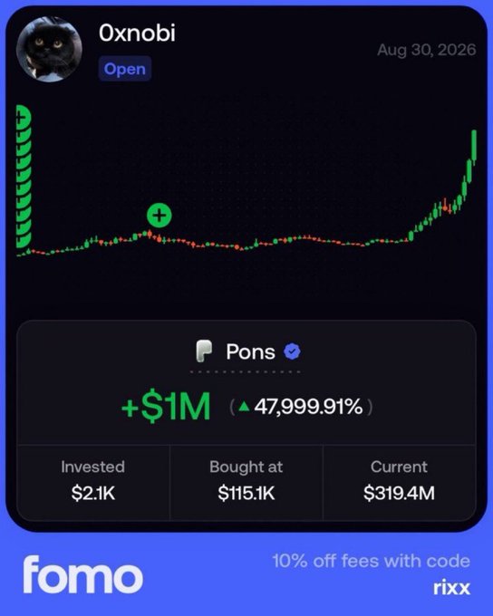 A fomo app screenshot shows user "0xnobi" with an "Open" status on Aug 30, 2026, displaying a dramatic price chart for $PONS with a +$1M gain (47,999.91%), invested $2.1K at $115.1K with current value at $319.4M—matching the post's boast about retiring off a $PONS callout that went 187x.