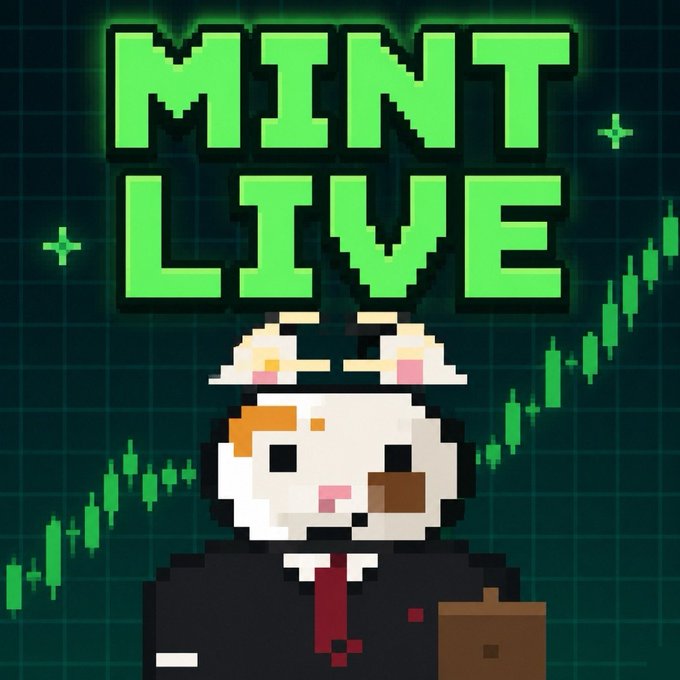 A pixel art illustration of a cat character in a suit stands before a stock chart background, with bold "MINT LIVE" text in glowing green letters above it, promoting the Catink NFT mint on Ink On Chain, where the first 500 commenters with 2,500 cats will receive ownership.