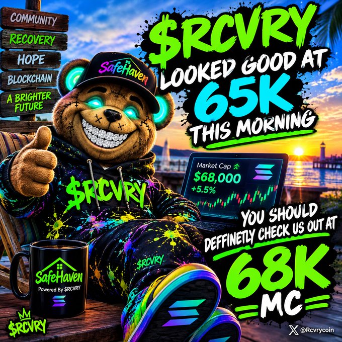 A promotional graphic for the cryptocurrency '$RCVRY' by SafeHaven, featuring a cartoon bear in a neon tracksuit, advertising a market cap of 68K.