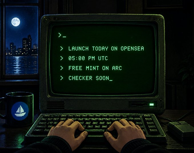 A retro green CRT monitor displays a terminal-style announcement reading "> LAUNCH TODAY ON OPENSEA / > 05:00 PM UTC / > FREE MINT ON ARC / > CHECKER SOON_" as a person's hands type on the vintage keyboard, set against a nighttime cityscape with a moon visible through the window, reinforcing the nostalgic tech-crypto hype aesthetic.