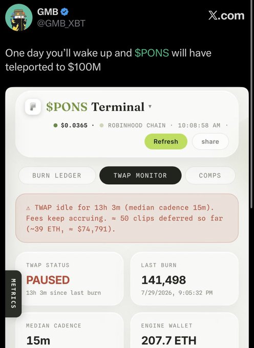 The image is a screenshot of a tweet by GMB (@GMB_XBT) featuring the $PONS Terminal dashboard showing a TWAP status of "PAUSED" with $74,791 in deferred fees (~39 ETH) and an engine wallet holding 207.7 ETH, supporting the post's ironic "insider" jab by implying insider knowledge of $PONS's metrics and its potential rise to $100M market cap.