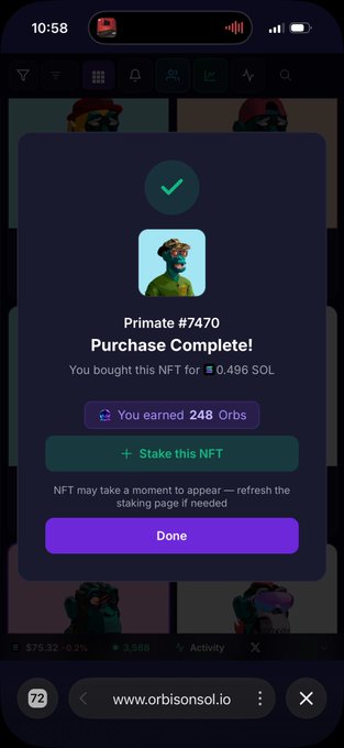 A mobile screenshot of orbisonsol.io showing a successful purchase of NFT 'Primate #7470' for 0.496 SOL, earning 248 Orbs.