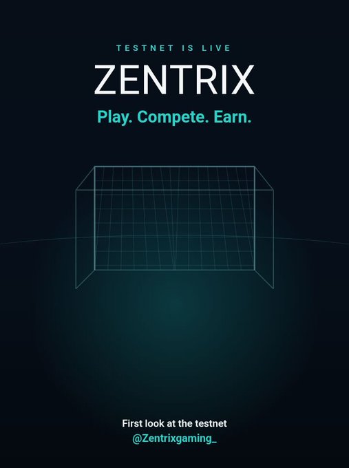 Promotional graphic with text 'TESTNET IS LIVE', 'ZENTRIX', 'Play. Compete. Earn.', and 'First look at the testnet @Zentrixgaming_'.