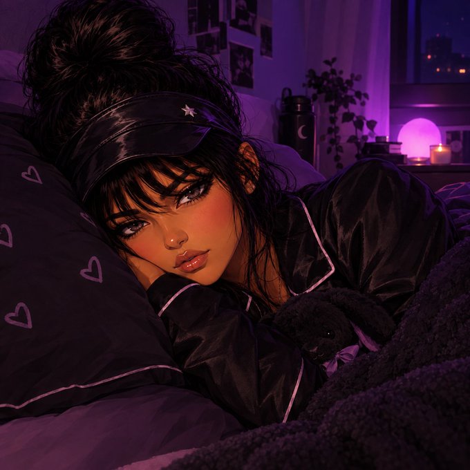 An illustrated portrait of a dark-haired girl wearing a sleep mask with a star and black satin pajamas with pink trim, lying in bed in a purple-lit room.