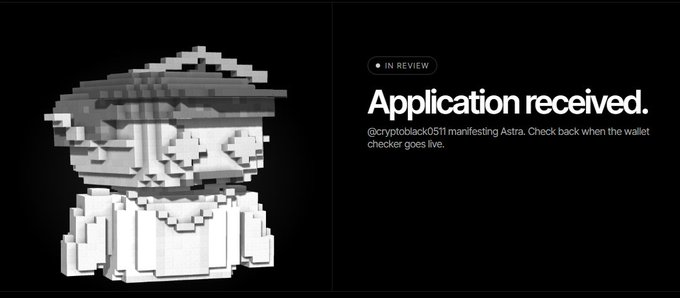 A pixelated 3D character with a graduation cap appears alongside a confirmation message reading "IN REVIEW - Application received" for user @cryptoblack0511, who has signed up for "Astra" and is awaiting the wallet checker going live.

The image appears to be a screenshot of a whitelist application submission, likely connected to the Gradus NFT project mentioned in the post.