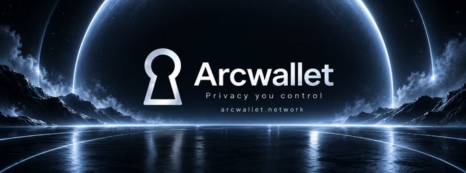 The image showcases the **Arcwallet** brand with a sleek keyhole logo and the tagline "Privacy you control," set against a futuristic cosmic backdrop featuring a glowing planet, reflective surface, and atmospheric mist. The accompanying post highlights Arc Wallet's technical foundation on Circle's Modular Wallet SDK, emphasizing its no-seed-phrase, passkey-based authentication with on-chain P256 signature verification—reinforcing the brand's focus on user-controlled privacy and security.