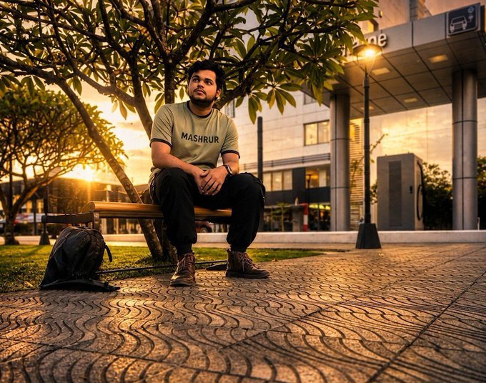 A young man wearing a green 'MASHIR' t-shirt sits on a wooden bench at sunset, looking upward thoughtfully, with a backpack on the patterned tile ground beside him near a tree and building.