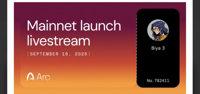 A promotional graphic for 'Mainnet launch livestream' on September 16, 2026, featuring the Arc logo and a profile card for 'Biya 3' with No. 782411 and an avatar image.