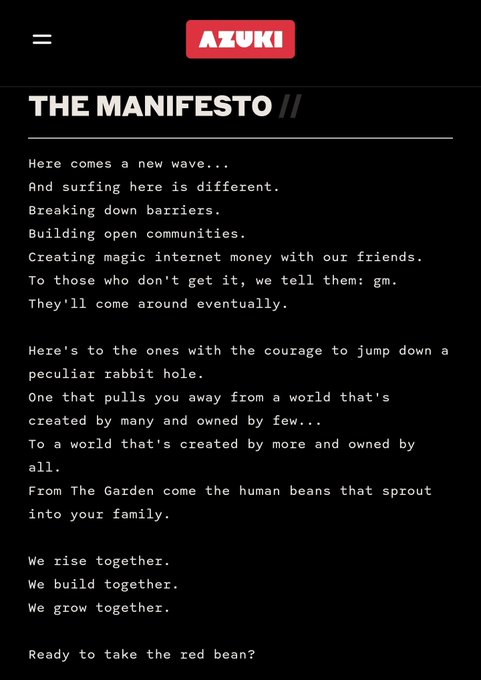 The AZUKI 'THE MANIFESTO' webpage, declaring 'Here comes a new wave... Creating magic internet money with our friends' and ending with 'Ready to take the red bean?'