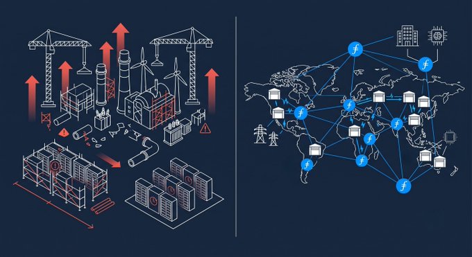 The image contrasts two concepts: the left side depicts escalating costs and delays of building new power infrastructure (shown with cranes, factories, and rising red arrows) to meet data center demand, while the right side illustrates an existing global network of Filecoin (marked with "ƒ" logos) storage nodes distributed across a world map. Together, the visual reinforces the post's argument that while new energy infrastructure for data centers faces rising costs ($2,157/kW, up 66%) and longer timelines, Filecoin's decentralized storage network is already operational and available today.