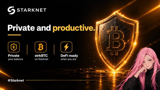 A Starknet promotional graphic titled 'Private and productive' highlighting features like 'Private your balance,' 'strkBTC on Starknet,' and 'DeFi ready when you are,' featuring an anime-style pink-haired character.