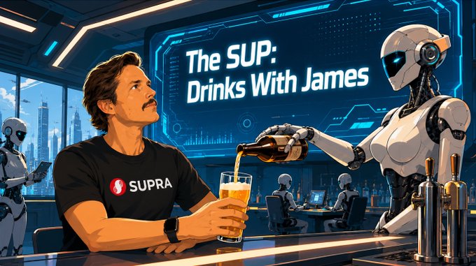 The image features a man sitting at a bar, drinking from a glass of beer while surrounded by several robots. The scene includes a robot pouring a drink for another robot, as well as other robots standing around the area. A poster with text reading "The SUP" and "Drinks With James" is visible in the background, indicating that this image is related to a post about drinks at a bar featuring a man named James Bonda. The time shown on the image is 3pm UTC, suggesting it was taken during the day.