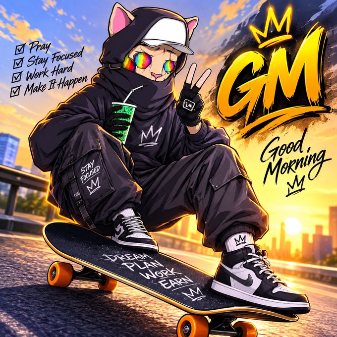 An anime-style illustration of a cat-eared character in streetwear crouching on a skateboard with motivational text like 'GM Good Morning,' 'Stay Focused,' and 'Dream Plan Work Earn.'