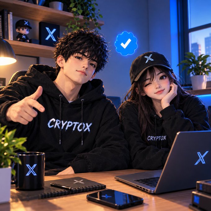 A young man and woman wearing black 'CRYPTOX' hoodies sit at a desk with an 'X' branded laptop, mug, and notebook, with a blue verified checkmark icon floating above them.