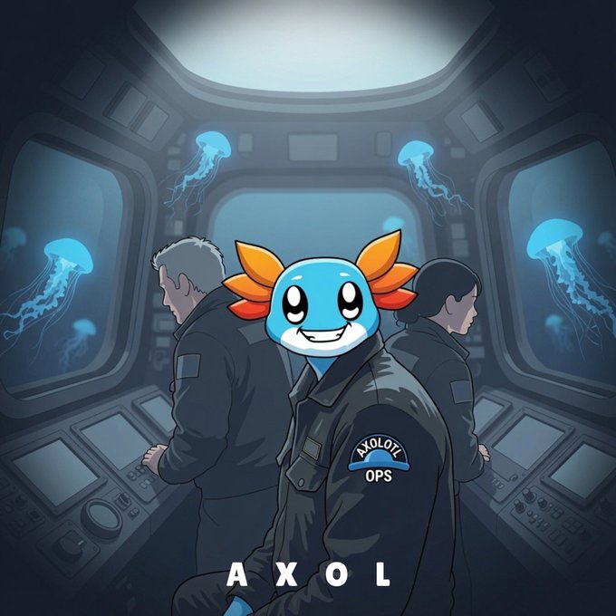 An illustration of a blue axolotl character labeled 'AXOL' wearing an 'AXOLOTL OPS' jacket, standing in a submarine-like control room with jellyfish visible through windows.