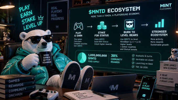 A promotional graphic for the $MNTD ecosystem by MINT Playment features a polar bear mascot in sunglasses alongside text highlighting 'PLAY EARN STAKE LEVEL UP', '1,000,000,000 $MNTD FIXED SUPPLY', '38% COMMUNITY REWARDS', and key features like buybacks, on-chain verification, and TGE: Q4 2026.