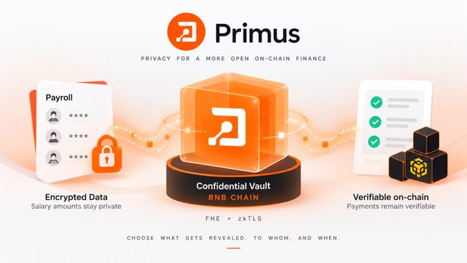 A promotional graphic for 'Primus' featuring the tagline 'PRIVACY FOR A MORE OPEN ON-CHAIN FINANCE,' showcasing a 'Confidential Vault' on BNB Chain using 'FHE + zkTLS' with sections labeled 'Encrypted Data' and 'Verifiable on-chain.'