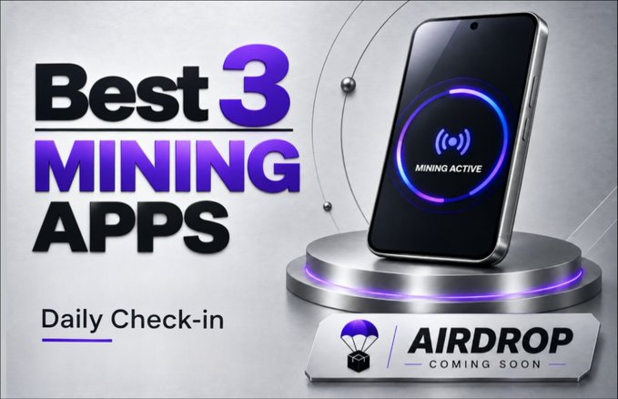 A graphic advertises 'Best 3 MINING APPS' featuring a smartphone showing 'MINING ACTIVE' on a podium, with 'Daily Check-in' and 'AIRDROP COMING SOON' text.
