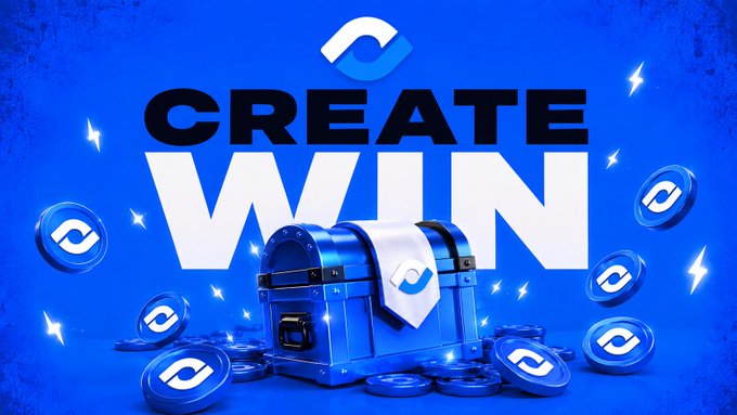 A blue promotional graphic features the bold text "CREATE WIN" above a treasure chest overflowing with branded coins bearing a stylized eye logo, tied with a banner. The visual ties into the EYED content contest by symbolizing the cash prizes ($50, $30, $20) awaiting winners who create trading-related content using #TradeWhatLasts.