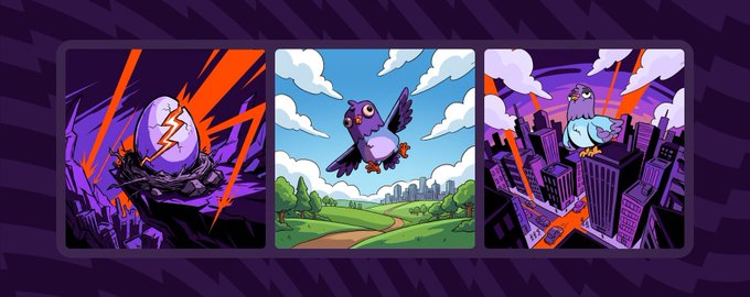 Three cartoon-style images show a cracked egg hatching, a purple bird flying over a green landscape, and the bird flying over a purple cityscape.