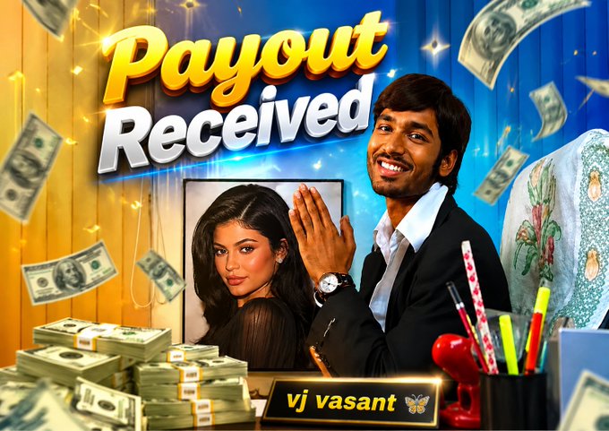 The image features "vj vasant" celebrating with hands clasped in prayer behind a desk piled with cash and labeled "Payout Received," with a woman's portrait and falling dollar bills in the background. This visual aligns with the post celebrating a $190 payout from an almost inactive 91K account.