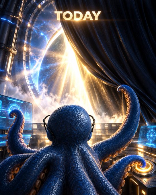 A digital artwork showing a blue octopus wearing sunglasses from behind, looking out through a futuristic window or portal toward a bright cosmic scene with the word 'TODAY' glowing at the top.