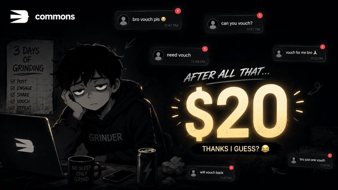 A cartoon illustration titled 'commons' showing a tired 'GRINDER' character overwhelmed with vouch requests (vouch pls, can you vouch, need vouch, etc.), with text highlighting earning only '$20 AFTER ALL THAT..' over 3 days of grinding.