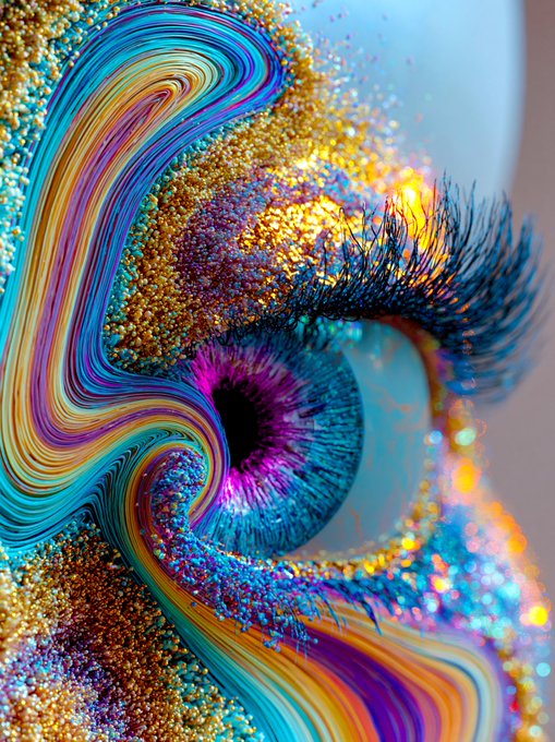A highly detailed, colorful close-up artwork of an eye surrounded by glittering gold, swirling rainbow streams, and vivid purple and turquoise tones.