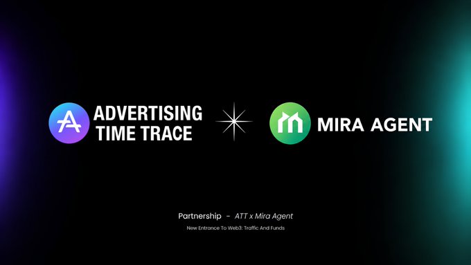 The image displays a partnership announcement between "Advertising Time Trace" (ATT) and "Mira Agent," featuring their respective logos—a purple "A" icon and a green "m" icon—separated by a star symbol on a dark gradient background, with text reading "Partnership - ATT x Mira Agent: New Entrance To Web3, Traffic And Funds."