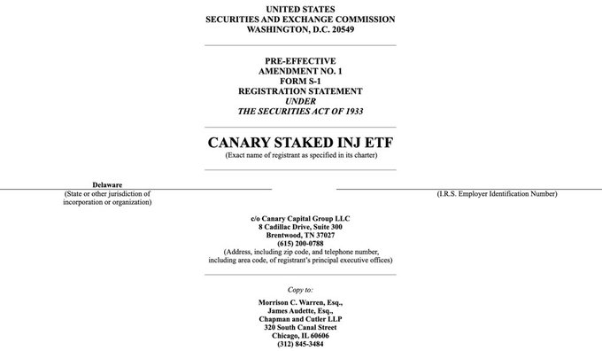 The image shows a document titled "Canary Staked In ETF" with a caption that reads, "Canary Staked In ETF", which seems to be related to an ETF filing. The text also mentions that this filing was done by the U.S Securities and Exchange Commission (SEC) in Washington D.C., and it is a Form 1 statement. The document appears to be about a company called Canary Capital Group LLC, Inc., which has been established as a direct bridge between Injective and US regulators.
