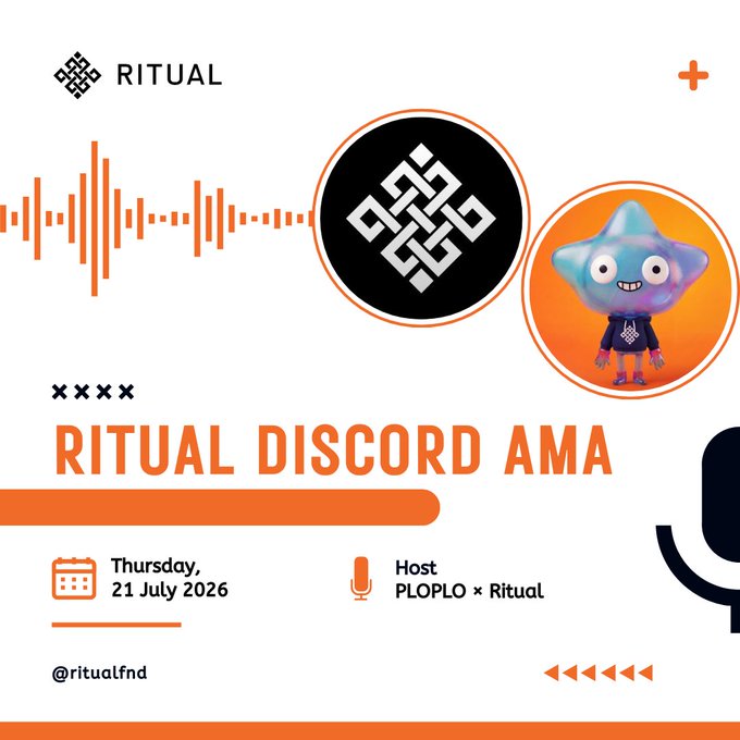 A promotional graphic for the "RITUAL DISCORD AMA" featuring the Ritual logo and a blue star-shaped character, scheduled for Thursday, 21 July 2026, hosted by PLOPLO × Ritual. The design uses orange accents and an audio waveform motif to advertise the upcoming Q&A session where the PLOPLO team will discuss their vision and projects on Ritual.