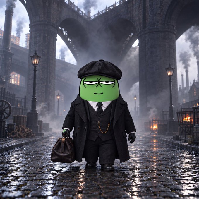 A 3D-rendered cartoonish green character with a grumpy expression, wearing a black flat cap, long coat, and tie, walks down a foggy cobblestone street carrying a duffel bag.