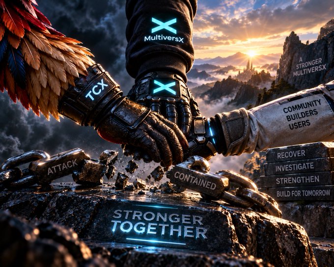 A promotional graphic for MultiversX (formerly Elrond) featuring the text "STRONGER TOGETHER" and "A STRONGER MULTIVERSX," showing armored hands joining together with elements labeled "TCX," "ATTACK," "CONTAINED," "COMMUNITY BUILDERS USERS," and "BUILD FOR TOMORROW."