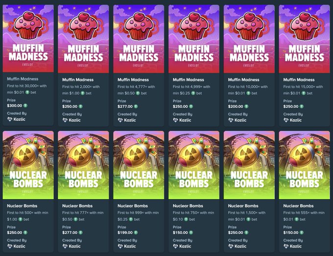 The image displays a grid of casino game challenges, featuring "Muffin Madness" and "Nuclear Bombs" slots, with details on prizes and bet requirements created by Kazlic. This visual showcases the new monthly challenges that are now available.
