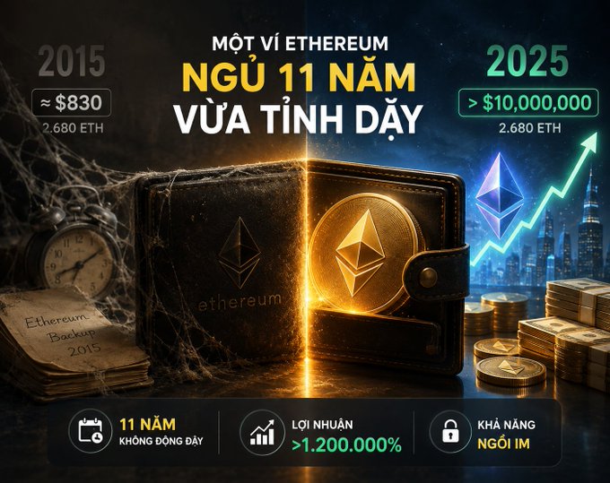 A Vietnamese cryptocurrency promotional graphic showing the growth of one Ethereum from 2015 to 2025, with text 'MỘT VÍ ETHEREUM NGỦ 11 NĂM VỪA TỈNH DẬY', comparing $830 to over $10,000,000.
