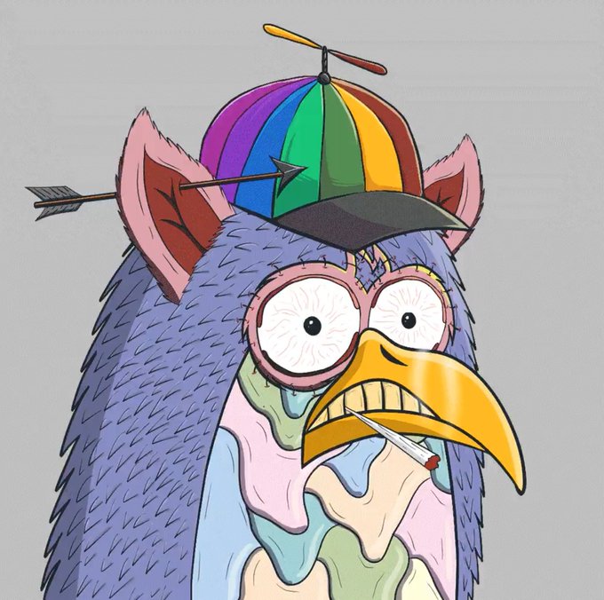 A colorful cartoon illustration of a distressed blue bird-like creature with bloodshot eyes, wearing a propeller rainbow beanie, with an arrow pierced through its head and a cigarette in its beak.