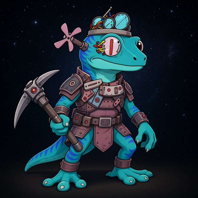 A digital illustration of a teal lizard-like cyborg character wearing armor and holding a pickaxe against a starry space background.
