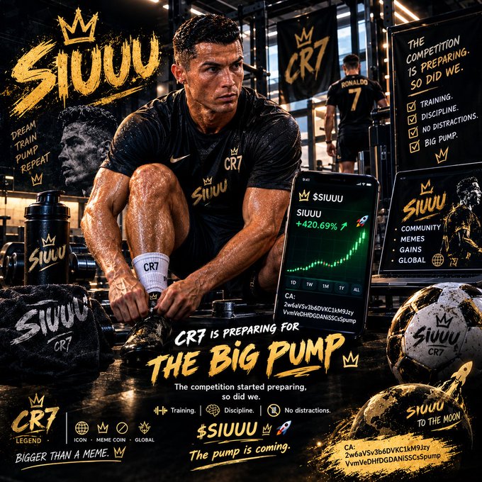 A promotional crypto meme poster featuring Cristiano Ronaldo with his "CR7" and "SIUUU" branding, displaying the token ticker "$SIUUU" with a chart showing +420.69% and contract addresses including "VvmVeDHDDGdANiSSCSspump".