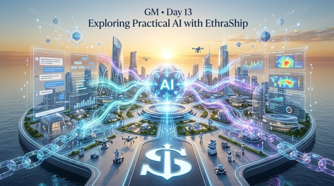 A futuristic floating platform cityscape titled 'GM • Day 13 Exploring Practical AI with EthraShip' shows an AI brain hologram surrounded by data interfaces, drones, and a 'US' logo at the bottom.