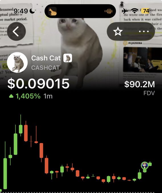A screenshot of the Cash Cat ($CASHCAT) cryptocurrency page showing a price of $0.09015 with a 1,405% gain over 1 month, $90.2M FDV (fully diluted valuation), and a candlestick chart displaying recent upward price movement, supporting the post's claim about $CASHCAT hitting a $90M market cap with potential for $100M and beyond.