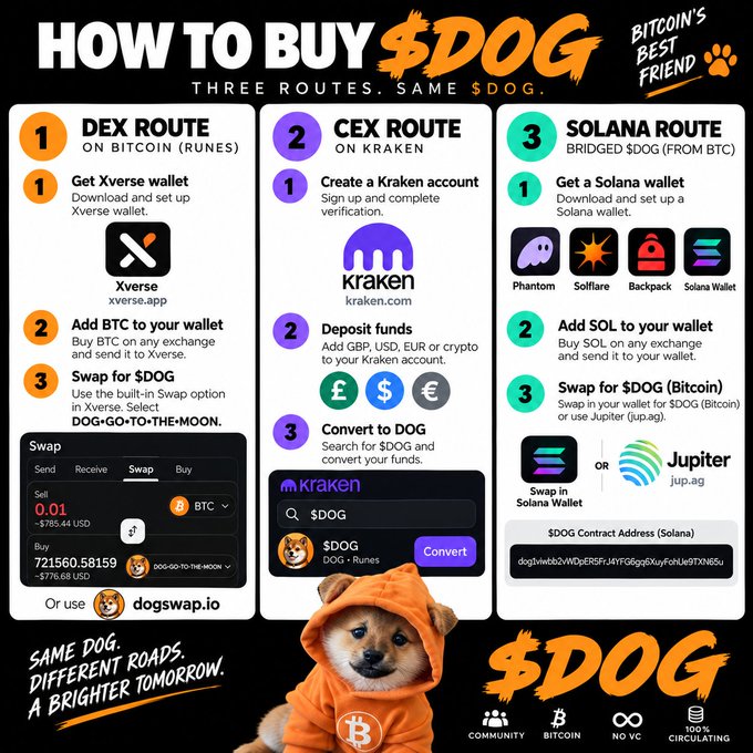An infographic titled 'HOW TO BUY $DOG - THREE ROUTES. SAME $DOG' detailing steps for DEX (Xverse), CEX (Kraken), and Solana routes, featuring a Shiba Inu dog in an orange hoodie and the tagline 'BITCOIN'S BEST FRIEND' with 'SAME DOG. DIFFERENT ROADS. A BRIGHTER TOMORROW.'